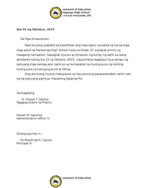 abuloy sa patay sample letter|Abuloy para sa patay in English with contextual examples.